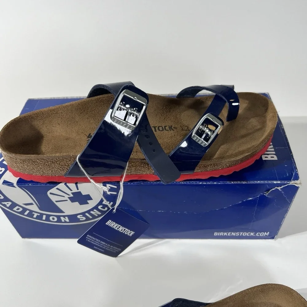 Birkenstock Women’s Navy Patent Rio Sandals with Red Sole